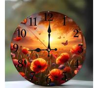 Jinmer 10 Inch Wall Clock,Sunset Poppy Field Modern Silent Non ticking Clocks, Wooden Frameless Round Easy to Read wall clock for Kitchen/Living Room/Bedroom/Bathroom