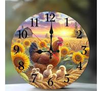 Jinmer 14 Inch Wall Clock,Sunflower Field Chicken Modern Silent Non ticking Clocks, Wooden Frameless Round Easy to Read wall clock for Kitchen/Living Room/Bedroom/Bathroom