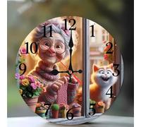 Jinmer 14 Inch Wall Clock,Window Old Man Cat Modern Silent Non ticking Clocks, Wooden Frameless Round Easy to Read wall clock for Kitchen/Living Room/Bedroom/Bathroom