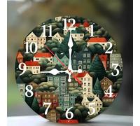 Jinmer 6 Inch Wall Clock,Green Village Modern Silent Non ticking Clocks, Wooden Frameless Round Easy to Read wall clock for Kitchen/Living Room/Bedroom/Bathroom