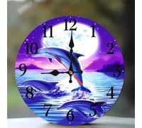Jinmer 6 Inch Wall Clock,Moon Dolphins Scenery Modern Silent Non ticking Clocks, Wooden Frameless Round Easy to Read wall clock for Kitchen/Living Room/Bedroom/Bathroom