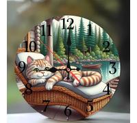 Jinmer 6 Inch Wall Clock,Woods Cabin Cat Modern Silent Non ticking Clocks, Wooden Frameless Round Easy to Read wall clock for Kitchen/Living Room/Bedroom/Bathroom