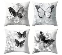 Jinmer Black Butterfly Cushion Covers Set of 4 Velvet cushion covers 14x14 inch Black White Modern Decorative Throw Pillow Cases for Living Room Sofa Garden Outdoor Decor Pillowcases