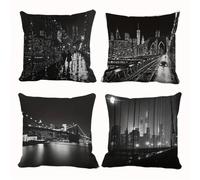 Jinmer Black Landscape Cushion Covers Set of 4 Velvet cushion covers 14x14 inch City Bridge Modern Decorative Throw Pillow Cases for Living Room Sofa Garden Outdoor Decor Pillowcases