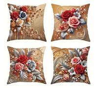 Jinmer Fashion Rose Cushion Covers Set of 4 Velvet cushion covers 14x14 inch Red Brown Pink Modern Decorative Throw Pillow Cases for Living Room Sofa Garden Outdoor Decor Pillowcases