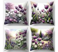 Jinmer Fields Flowers Cushion Covers Set of 4 Velvet cushion covers 22x22 inch Purple Landscapes Modern Decorative Throw Pillow Cases for Living Room Sofa Garden Outdoor Decor Pillowcases
