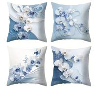 Jinmer Orchids Cushion Covers Set of 4 Velvet cushion covers 14x14 inch Blue White Modern Decorative Throw Pillow Cases for Living Room Sofa Garden Outdoor Decor Pillowcases