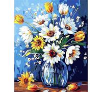 Jinmer Paint by Numbers for Adults Daisy Tulips Bouquet Painting by Numbers Kits On Canvas,with Paint Brushes DIY Acrylic Oil Painting Drawing Paintworkarts for Home Wall Decor with Framed,60x75cm