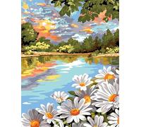 Jinmer Paint by Numbers for Adults Riverbank Daisy Scenery Painting by Numbers Kits On Canvas,with Paint Brushes DIY Acrylic Oil Painting Drawing Paintworkarts for Home Wall Decor Frameless,60x75cm