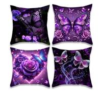 Jinmer Rose Butterfly Cushion Covers Set of 4 Velvet cushion covers 14x14 inch Purple Black Modern Decorative Throw Pillow Cases for Living Room Sofa Garden Outdoor Decor Pillowcases