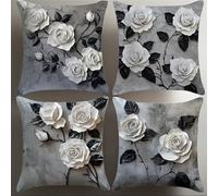 Jinmer Roses Cushion Covers Set of 4 Velvet cushion covers 18x18 inch Beige Black Flowers Modern Decorative Throw Pillow Cases for Living Room Sofa Garden Outdoor Decor Pillowcases