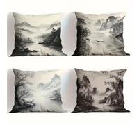 Jinmer Scenerry Mountain Cushion Covers Set of 4 Velvet cushion covers 22x22 inch Black Beige Modern Decorative Throw Pillow Cases for Living Room Sofa Garden Outdoor Decor Pillowcases