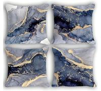 Jinmer Set of 4 Blue Gold Cushion Covers 30x30cm,Square Soft Velvet Throw Pillow Cover 12x12 inch Marble cushion covers for Sofa Bedroom Home Decor