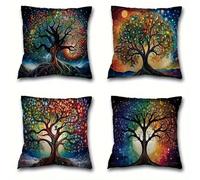 Jinmer Set of 4 Colorful Trees Cushion Covers 70x70cm,Square Soft Velvet Throw Pillow Cover 28x28 inch Tree of Life cushion covers for Sofa Bedroom Home Decor