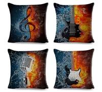 Jinmer Set of 4 Flame Music Cushion Covers 50x50cm,Square Soft Velvet Throw Pillow Cover 20x20 inch Guitar Notes Cushion Covers for Sofa Bedroom Home Decor