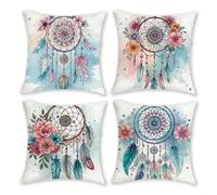Jinmer Set of 4 Flower Dreamcatcher Cushion Covers 40x40cm,Square Soft Velvet Throw Pillow Cover 16x16 inch Pink Blue cushion covers for Sofa Bedroom Home Decor