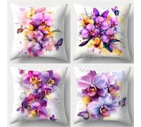 Jinmer Set of 4 Orchid Butterfly Cushion Covers 60x60cm,Square Soft Velvet Throw Pillow Cover 24x24 inch Purple Flowers cushion covers for Sofa Bedroom Home Decor