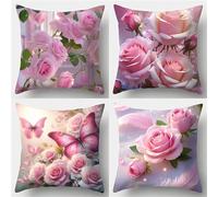 Jinmer Set of 4 Pink Rose Butterfly Cushion Covers 40x40cm,Square Soft Velvet Throw Pillow Cover 16x16 inch Flower cushion covers for Sofa Bedroom Home Decor