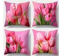 Jinmer Set of 4 Pink Tulips Cushion Covers 60x60cm,Square Soft Velvet Throw Pillow Cover 24x24 inch Flowers cushion covers for Sofa Bedroom Home Decor