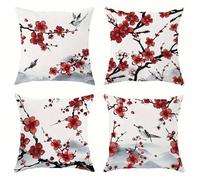 Jinmer Set of 4 Plum Blossoms Cushion Covers 70x70cm,Square Soft Velvet Throw Pillow Cover 28x28 inch Red Black cushion covers for Sofa Bedroom Home Decor