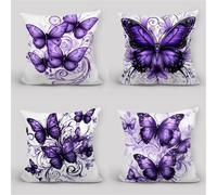 Jinmer Set of 4 Purple Black Cushion Covers 70x70cm,Square Soft Velvet Throw Pillow Cover 28x28 inch Butterflies cushion covers for Sofa Bedroom Home Decor