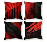 Jinmer Set of 4 Red Black Cushion Covers 70x70cm,Square Soft Velvet Throw Pillow Cover 28x28 inch Striped Abstract cushion covers for Sofa Bedroom Home Decor