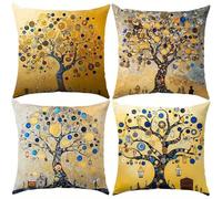 Jinmer Set of 4 Tree of Life Cushion Covers 70x70cm,Square Soft Velvet Throw Pillow Cover 28x28 inch Famous Klimt cushion covers for Sofa Bedroom Home Decor