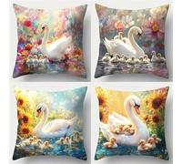 Jinmer Swan Flowers Cushion Covers Set of 4 Velvet cushion covers 18x18 inch Animals Landscapes Modern Decorative Throw Pillow Cases for Living Room Sofa Garden Outdoor Decor Pillowcases