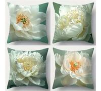 Jinmer White Peony Cushion Covers Set of 4 Velvet cushion covers 14x14 inch Flower Modern Decorative Throw Pillow Cases for Living Room Sofa Garden Outdoor Decor Pillowcases
