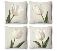Jinmer White Tulips Cushion Covers Set of 4 Velvet cushion covers 14x14 inch Flowers Modern Decorative Throw Pillow Cases for Living Room Sofa Garden Outdoor Decor Pillowcases