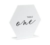JINMURY 10 Pack White Hexagon Sahpe Acrylic Blank Sign with Stand | 5.5 Inch Blank White Acrylic Table Signs and Base for DIY Wedding Table Numbers, Wedding Signage, Events& Parties