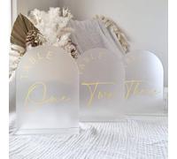 JINMURY Frosted Arch Wedding Table Numbers 1-30 with Stands, 5x7 Inch Acrylic Arch Sign with Golden Lettering, Frosted Acrylic Table Numbers for Wedding Reception