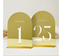 JINMURY Gold Mirror Arch Table Numbers - 25 Pack, 5x7" Acrylic Signs with Stand, Perfect for Wedding Reception