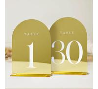 JINMURY Gold Mirror Arch Table Numbers - 30 Pack 5x7" Acrylic Signs with Stand, Perfect for Wedding Reception