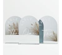 JINMURY Sliver Arch Wedding Table Numbers 1-15 with Stands, 5x7 Inch Acrylic Arch Sign with White Lettering, Sliver Mirror Acrylic Table Numbers for Wedding Reception