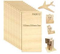 JinPhon Pack of 12 Balsa Plywood 3 mm Wood Sheets for Model Making DIY Laser Pyrography Laser Cutting Balsa Board Laser Engraving, PLAQUEBOIS10X20X3MM, Untreated
