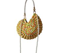 JINQIGG Stylish Marine Themed Beach Bag With Handwoven Faux Pearls Chain Conch Shell Decorations Candy Colored Polyester Design Portable Candy Tone Handbag