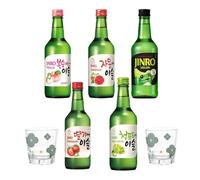 Jinro Chamisul Korean Soju Fruity Flavours Bundle Set 350ml (Set of 5) | Assorted Fruit Soju Gift Set With 2 Shot Glasses | Refreshing Korean Party Drink For BBQ, Picnic & Match Nights