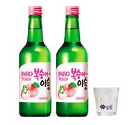 Jinro Chamisul Peach Soju 350ml Twin Pack + Soju Glass | Korean Peach Flavour Soju Drink | Smooth & Refreshing Korean Spirit For Parties, BBQ & Picnic | 13% Alc./Vol