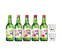 Jinro Chamisul Soju Fruity Flavours - Pack of 5 (Peach,Grapefruit, Plum, Grape, Strawberry) + 2 Soju Glass 350ml 13% Alc./Vol