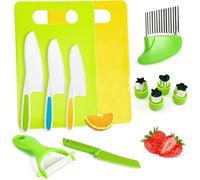 JinRui-T 13 Pieces Kids Kitchen Knife Set,Toddler Knives Sets,Wooden Safety Knives for Real Cooking Knife Set Include 4 Plastic Safe Knives Crinkle Cutter Kids Cutting Board and Wooden Safe Knife