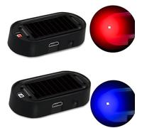 JinRui-T 2PCS Solar Power Fake Car Alarm LED Light Simulated Dummy Warning Anti-Theft LED Flashing Security Light Car Alarm System Lamp with USB Port Blue & Red Light (Black)