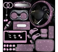 JINSEN 25 PCS Bling Car Accessories Set for Women Bling Steering Wheel Cover Bling Steering Wheel Cover for Women Universal Fit 15 Inch, Bling Rearview Mirror Set,Bling Car Tissue Box(Pink)