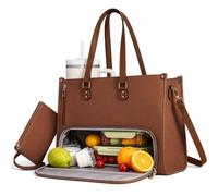 Jinsg Tech 3-in-1 Women Lunch Bag for Work 24L, Brown | 24L Large Insulated Tote for 15.6" Laptop, 4 Layer Leakproof Cooler,Purse & Stanley Cup, Shoulder Strap, for Office/Business