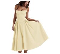 Jinsha Women's Summer-Vintage Sexy-Elegant Long-Dress - Strap A-Line Sleeveless Sundress with Pockets Party Vacation Wedding Bridesmaid Cocktail Formal Occasion Sexy Dress for Ladies UK Yellow XL