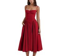 Jinsha Women's Summer-Vintage Sexy-Elegant Party Dress - Strap A-Line Sleeveless Long Sundress with Pockets for Party Vacation Wedding Bridesmaid Cocktail Formal Occasion Dress for Ladies UK Red M