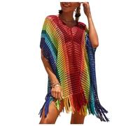 Jinsha Women's-Swimsuitwear Fashion-Sexy Bikini-Crochet Dress-Skirt - Beachwear Cover-Ups Sarongs Suit Hollow Short Tops Blouse Tunic Lightweight Casual Bathing Cover Up Summer Women Rainbow Dress