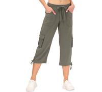 JINSHI Ladies Cropped Trousers Cargo Capri Pant Women Casual Work Office Crop Pants 3/4 Length Bottoms Shorts Multi-Pockets Army-Green Size XL