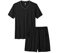 JINSHI Men's Pajamas Short Sleeve V Neck T-Shirt & Plain Shorts Pyjama Set Soft Comfy 2 Piece Pjs Sleepwear Loungewear Black US Size L