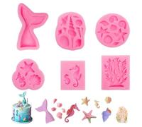 Jinsion 6 PCS Under The Sea Cake Decorations, Cake Topper, Mermaid Cake Decorations, Tail Moulds, DIY Marine Species Shapes Baking Mold, 3D Ocean Animal Fondant Silicone Molds, Shell Tail Mould